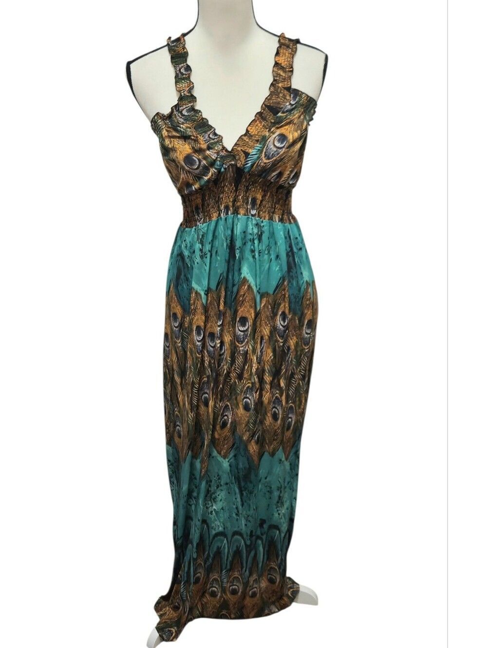 Vneck Cinched peacock printed maxi dress